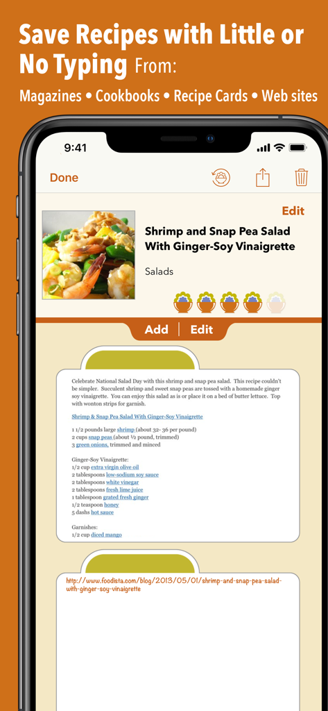 Smartphone screen showing the Recipe Gallery app with a saved shrimp and snap pea salad recipe and the feature text Save Recipes with Little or No Typing.