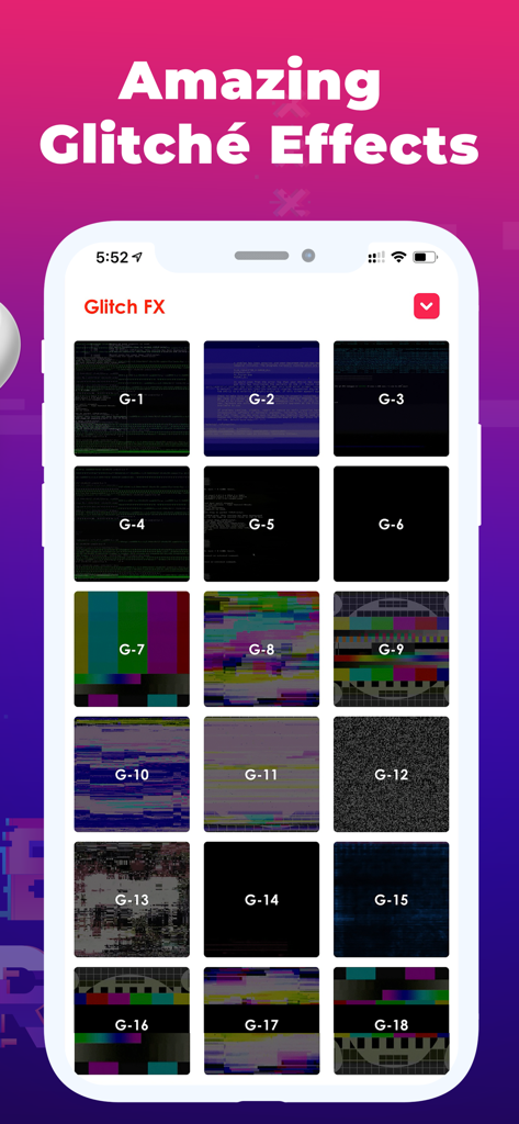 Glitch.Video - Interface of the Glitch.Video app showing a grid of various retro and vaporwave glitch effects for video editing