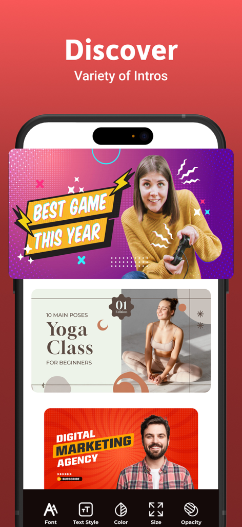 Intro Maker App-Oberfläche, die eine Vielzahl von Video-Vorlagen für Gaming, Yoga und Marketing anzeigt