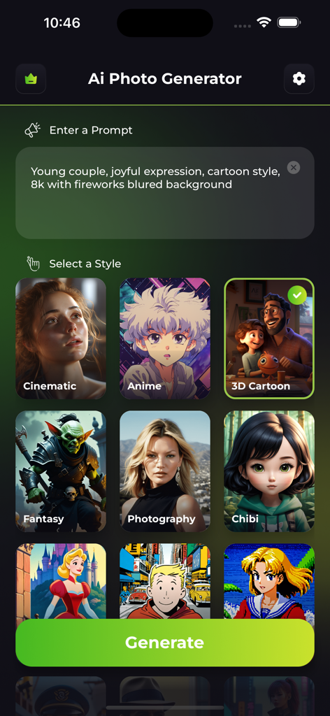AI 사진 생성기 앱 인터페이스, 프롬프트 입력 필드 및 애니메이션 및 사진과 같은 아트 스타일 그리드 표시