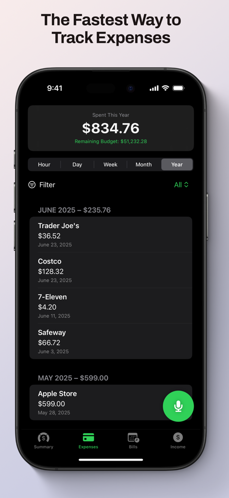 Mobile interface of a budget app displaying a list of recent transactions and a voice input button