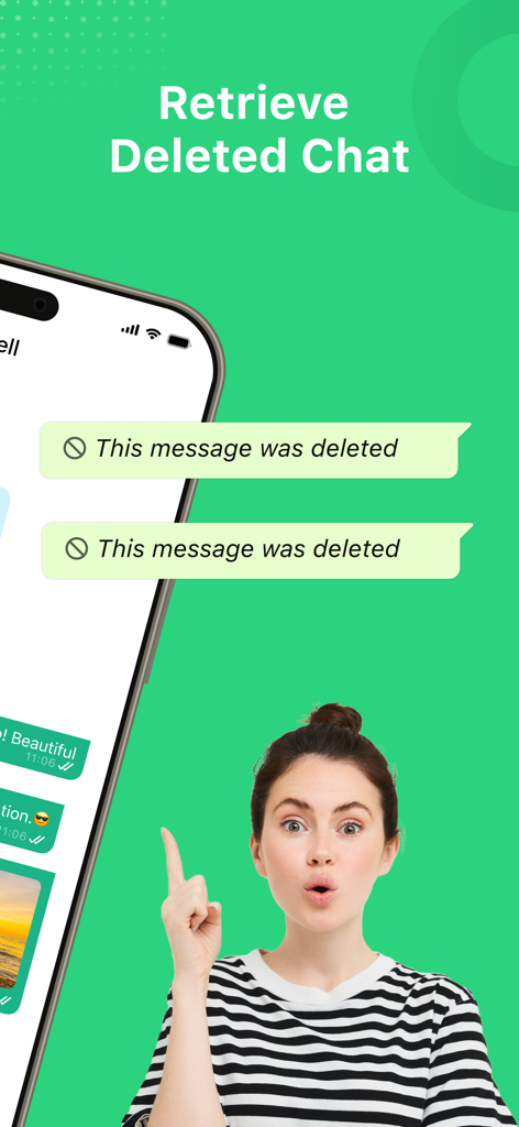 WhatisRemoved: Recover Message - Uma mulher surpresa apontando para a tela de um smartphone exibindo notificações de chat excluídas