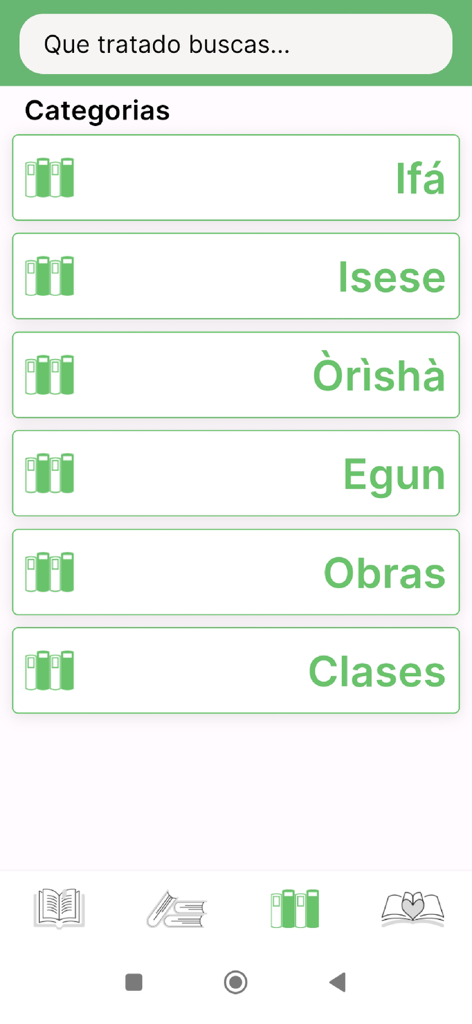 Tela do aplicativo móvel mostrando categorias de livros para Ifa Orisha Isese Egun Obras e Clases