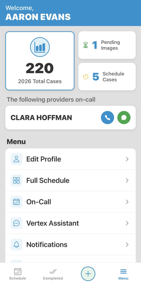 Vertex Medical Solutions - Vertex Medical Solutions mobile app dashboard displaying case statistics and menu navigation