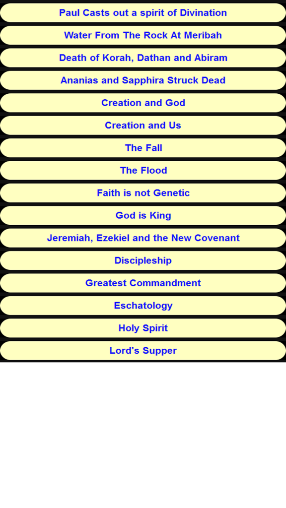 Un menú de navegación que enumera varias historias y temas bíblicos dentro de la aplicación Últimas Historias de la Biblia.