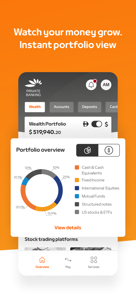 Mashreq UAE digital banking app showing a wealth portfolio overview with an investment allocation chart