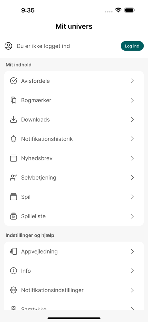 User profile and settings menu in the Horsens Folkeblad mobile application