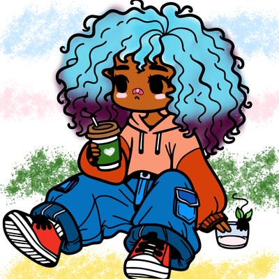 girl with curly hair wearing baggy clothes and drinking coffee