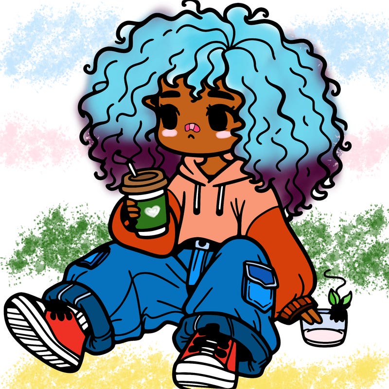 girl with curly hair wearing baggy clothes and drinking coffee
