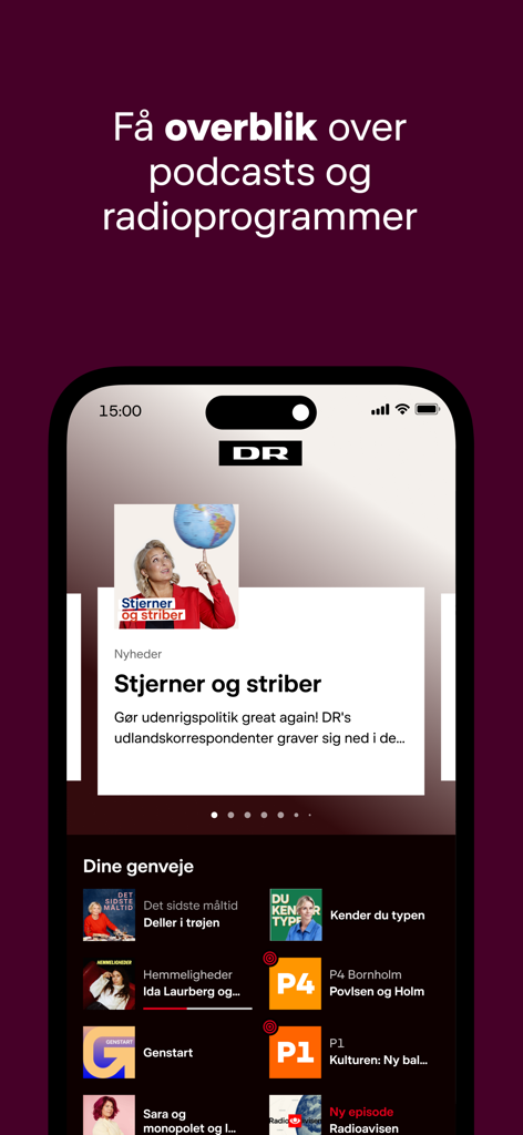 DR LYD - Overview of Danish podcasts and radio programs on the DR LYD app interface.