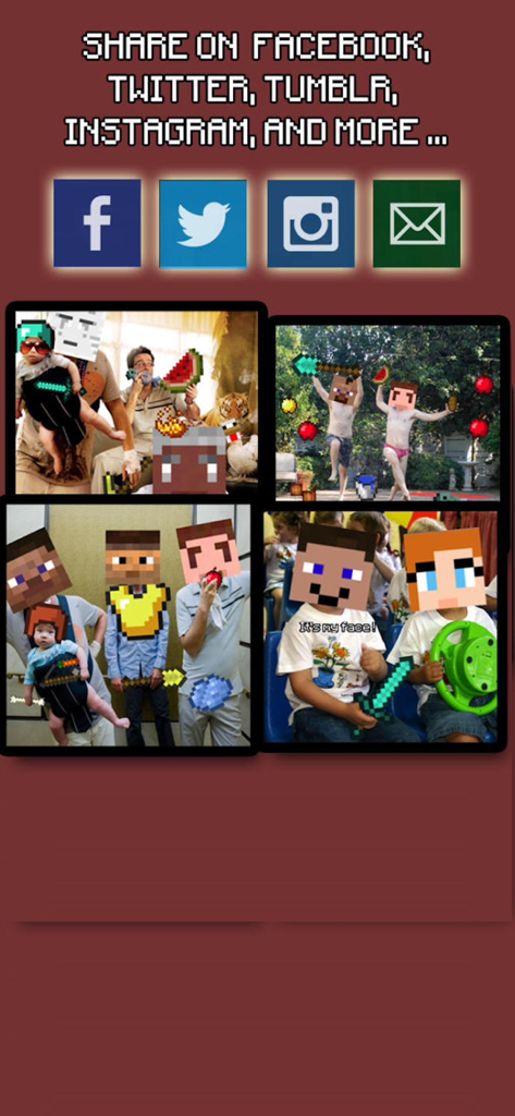 MineCam - Camera for Minecraft - A collage showing photos edited with Minecraft stickers and character heads next to social media sharing icons
