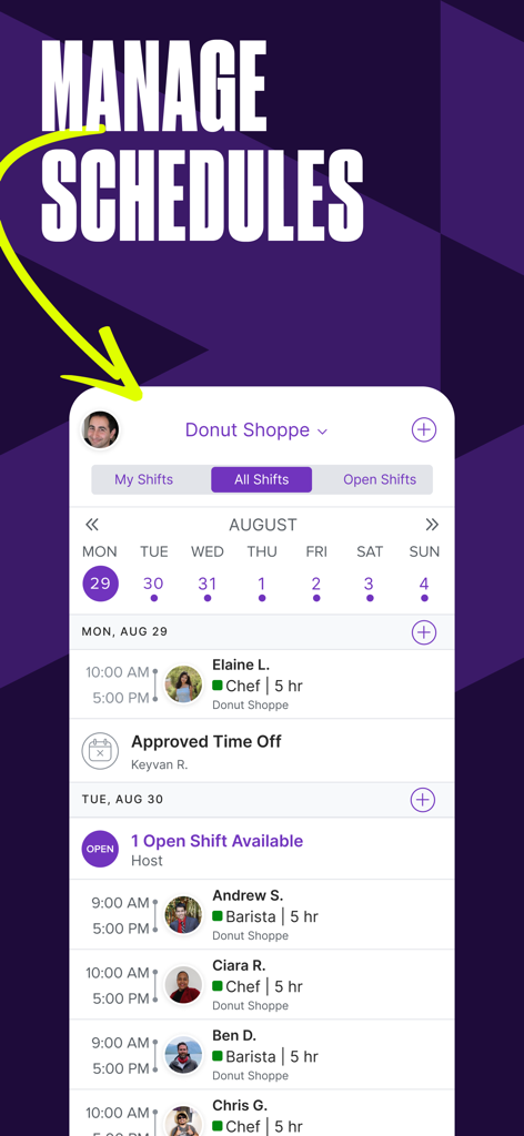 Homebase: Team Management - Homebase app interface showing a daily work schedule for employees at a Donut Shoppe.
