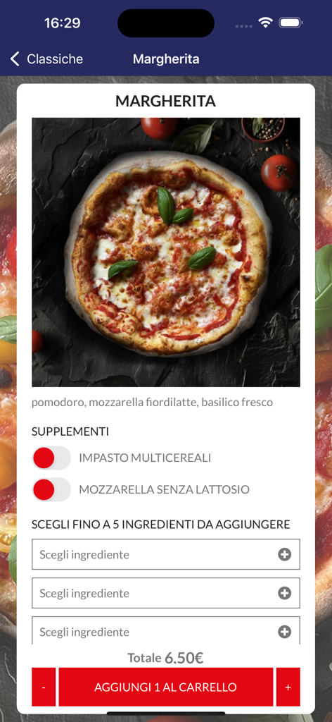 Daddy Pizza - Schermata di personalizzazione della pizza Margherita nell'app Daddy Pizza che mostra ingredienti e opzioni aggiungi al carrello.