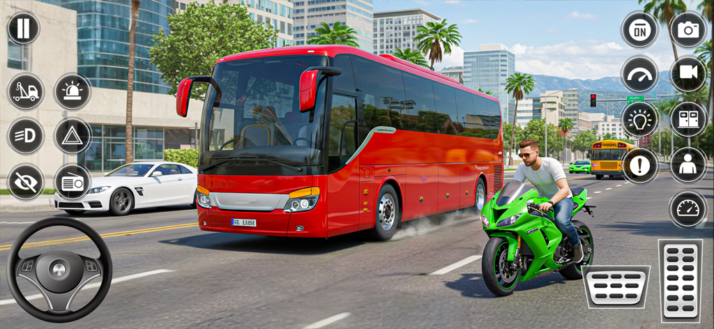 US Bus Simulator Coach Games - Un autocar rojo conduciendo por una calle concurrida de la ciudad de EE. UU. con controles de juego en US Bus Simulator.