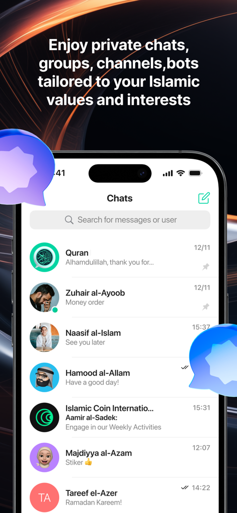 MM Chat: Muslim Social App - Interface do MM Chat mostrando uma lista de chats privados e grupos para a comunidade muçulmana.