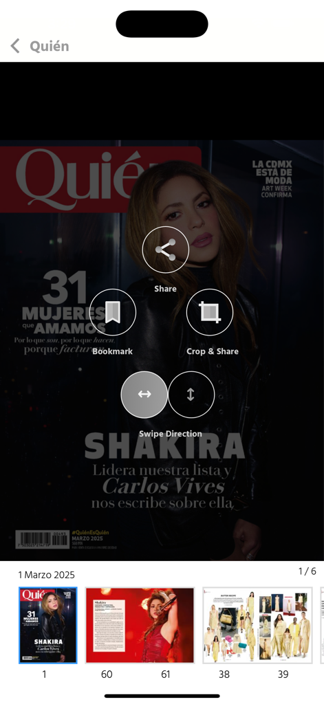 Quién - Interface of the Quien app showing a digital magazine cover featuring Shakira with share and bookmark icons