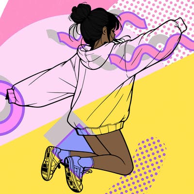 realistic girl jumping with a bun and oversized sweatshirt