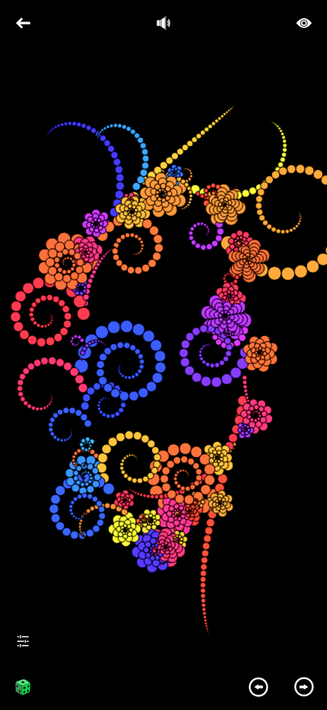 Relaxing Tangle - 검은색 배경에서 생생한 점으로 만들어진 화려한 꽃 모양 및 나선형 패턴