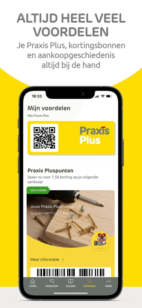 Pantalla de smartphone que muestra la tarjeta de fidelización Praxis Plus con código QR y recompensas para miembros