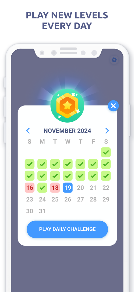 A calendar displaying daily word puzzle challenges and completion progress