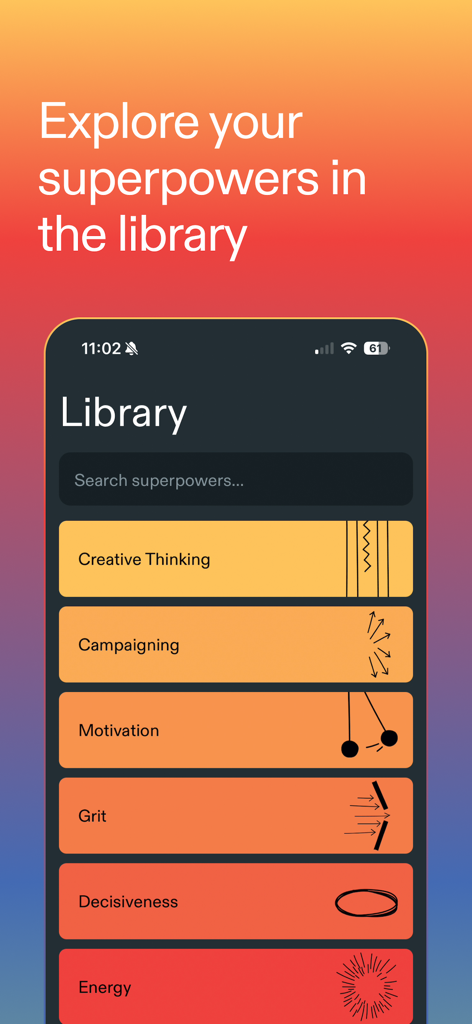 A library screen in the Superpowers app featuring cards for professional strengths like Creative Thinking, Campaigning, and Motivation