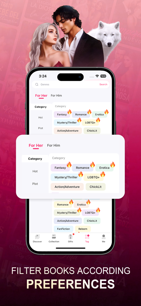 NovelaGo mobile app interface showing various book categories and genres like Romance and Fantasy for filtering preferences.
