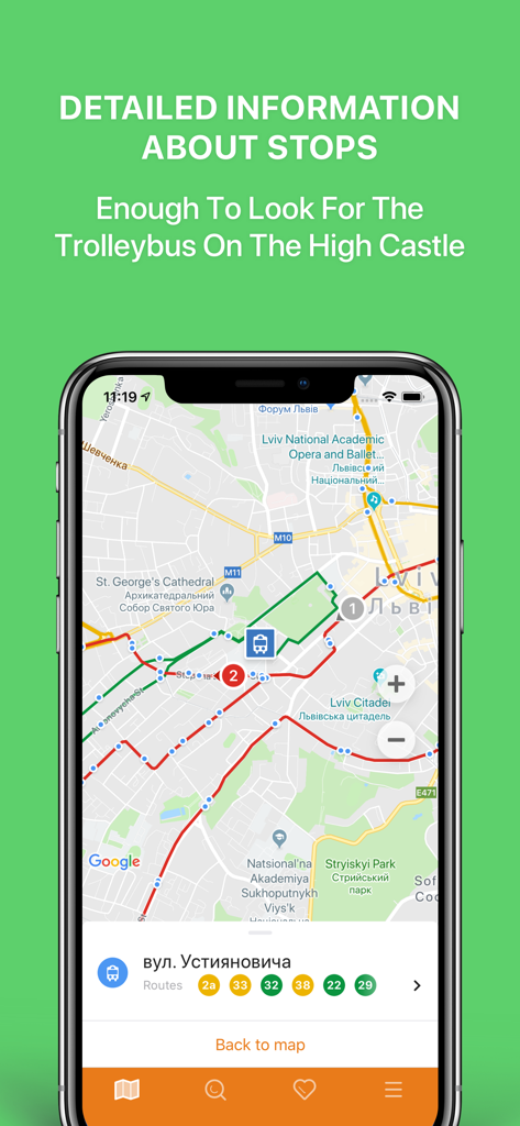 Public Transport Lviv - Public Transport Lviv app interface showing a city map with real-time transit routes and detailed bus stop information