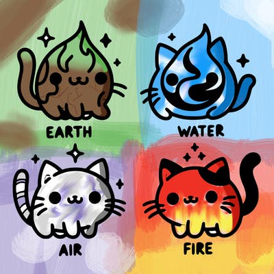4 cats that represent the different elements, earth, water, air, and fire