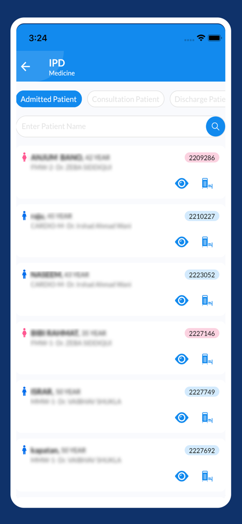 Digi Doctor HIS - In-Patient Department screen showing a list of admitted patients with IDs and gender icons in the Digi Doctor HIS app.