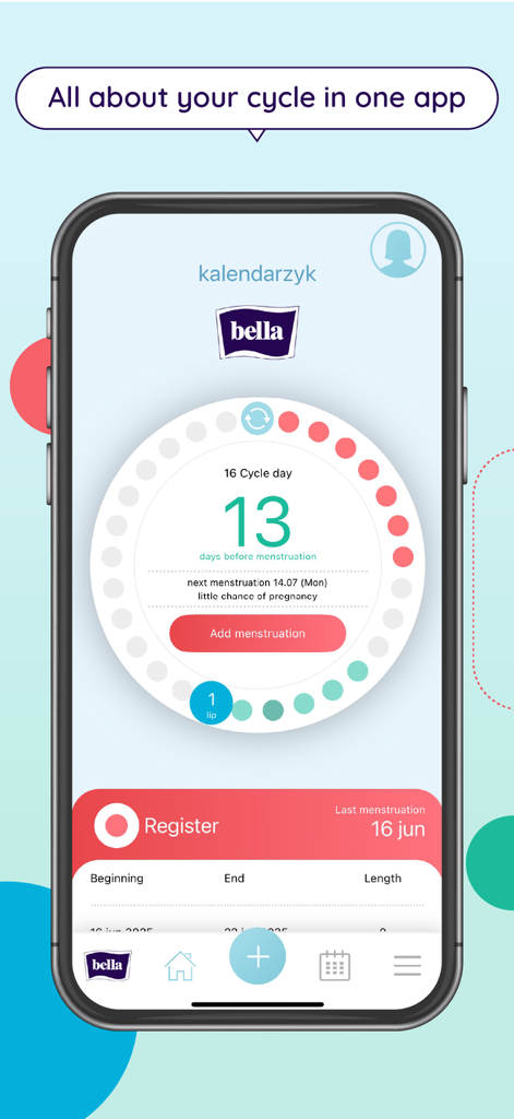 Kalendarzyk Bella - Kalendarzyk Bella mobile app interface showing menstrual cycle tracking and days until menstruation