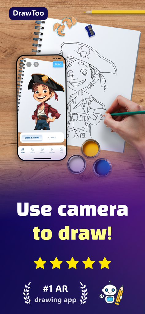 AR Drawing & Tracing - DrawToo - A hand tracing a cartoon character from a smartphone onto paper using the DrawToo AR drawing app