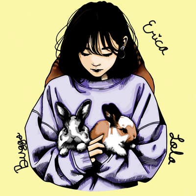 realistic girl with messy bunny baggy sweatshirt and holding bunnies