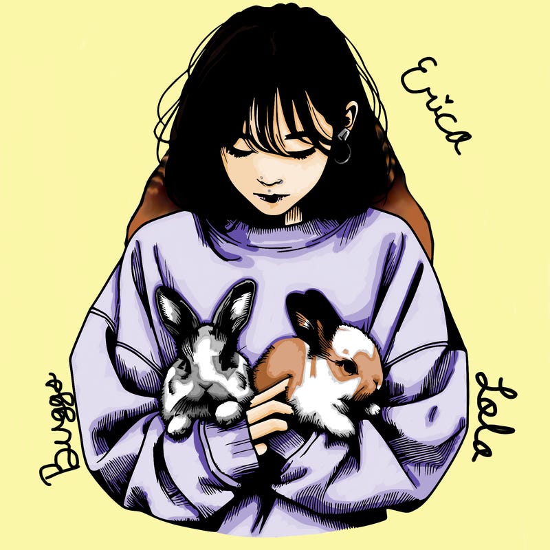 realistic girl with messy bunny baggy sweatshirt and holding bunnies