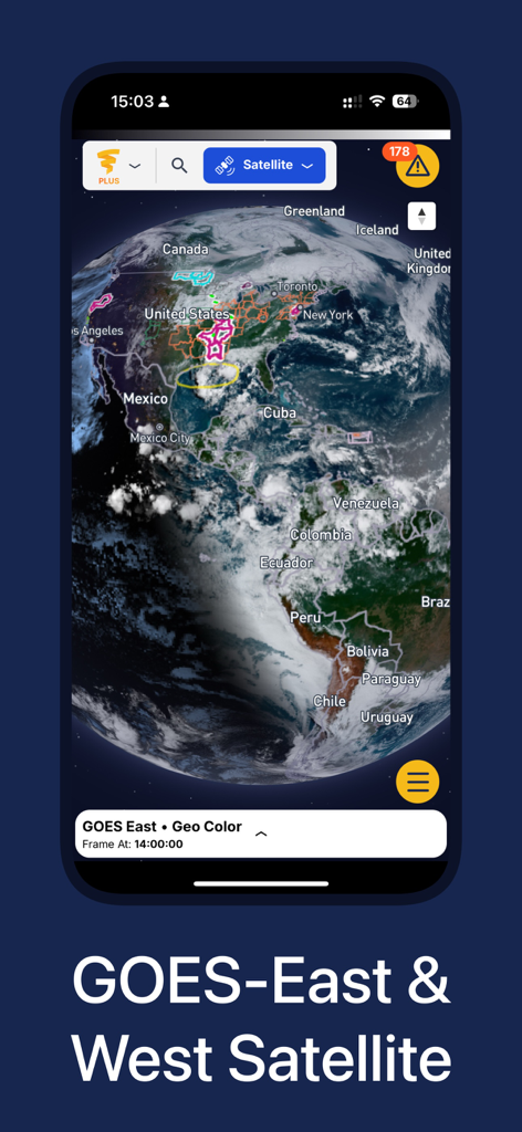WeatherWise.app - Una proyección de globo 3D en la aplicación WeatherWise que muestra datos meteorológicos satelitales GOES Este y Oeste sobre América del Norte.