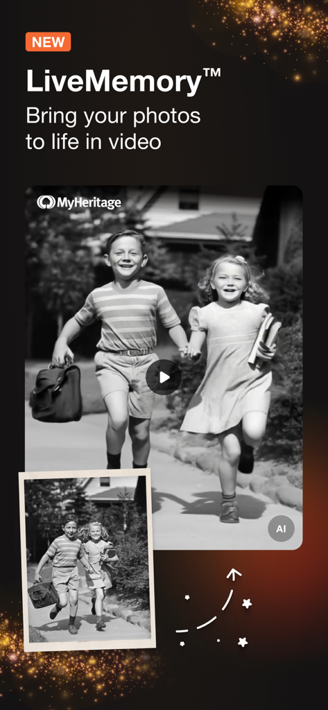 MyHeritage: Family Tree & DNA - MyHeritage LiveMemory feature animating a vintage black and white photo of two children