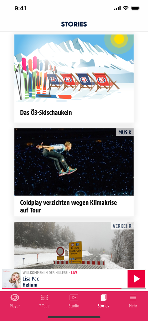 Hitradio Ö3 - Hitradio OE3 app Stories screen featuring music news and Austrian traffic updates