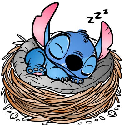 stitch sleeping in a nest
