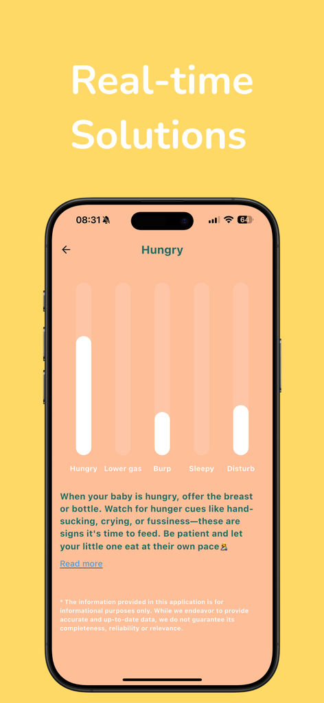 Shhush: AI Baby Cry Analyzer - Shhush app interface showing AI baby cry analysis for hunger with care tips
