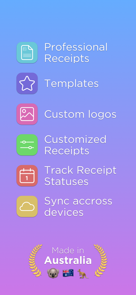Receipt Maker Generator - A list of key features for the Receipt Maker Generator app including professional templates and custom logos