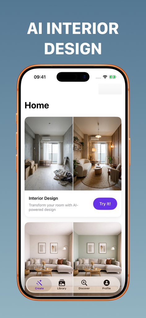 Home AI: Interior Design - 部屋のリフォーム前後の例を示すHome AIインテリアデザインアプリのインターフェイス