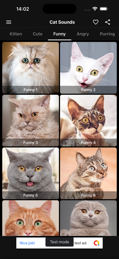 Cat Sounds - Meow Soundboard - Cat Sounds app interface showing a grid of different funny cat faces and sound options.