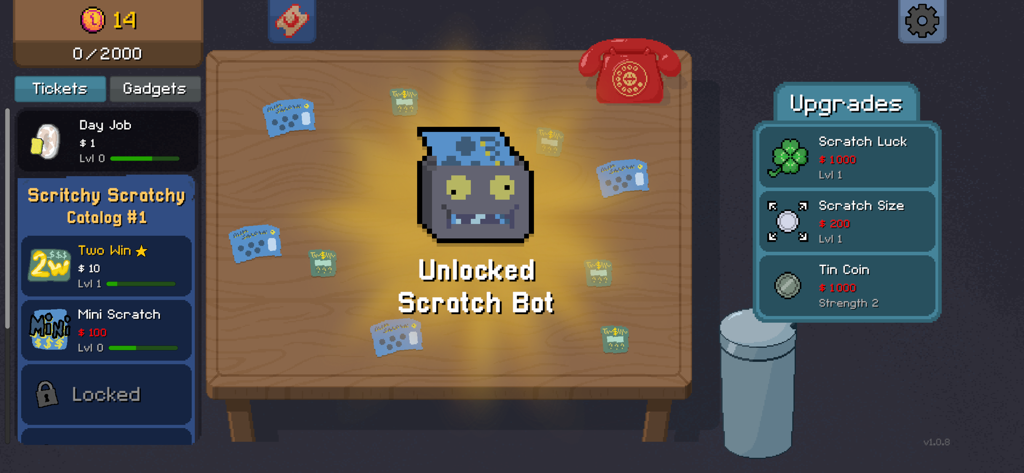 A game screen from Scritchy Scratchy showing a popup that says Unlocked Scratch Bot with a character icon above a wooden table covered in scratch cards and a menu for upgrades.