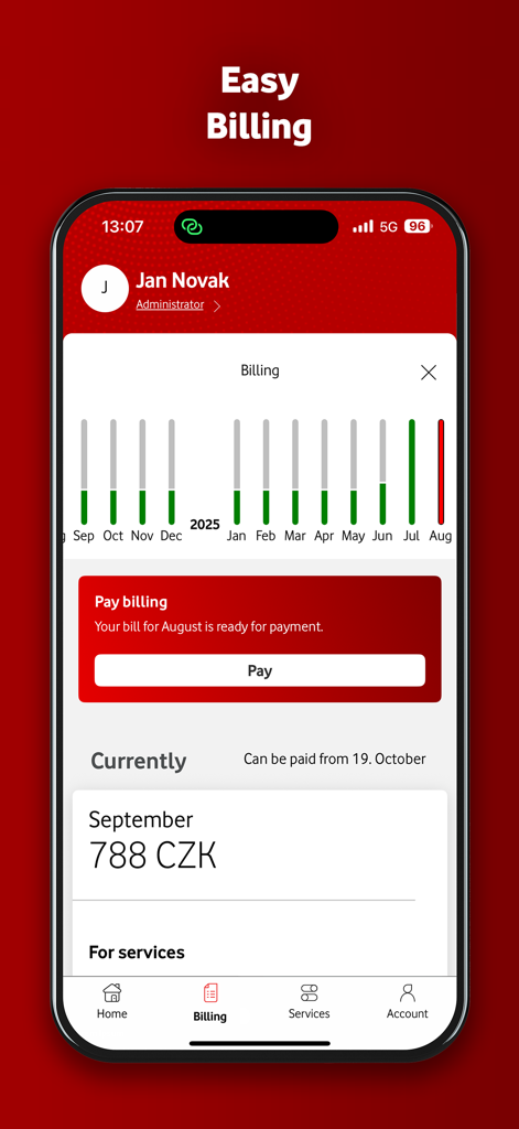 My Vodafone+ - Tableau de bord de facturation de l'application My Vodafone plus montrant l'historique des paiements et les factures mensuelles