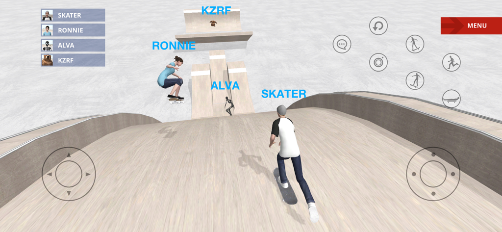 Multiplayer skateboarding gameplay in a custom park showing avatars and UI elements