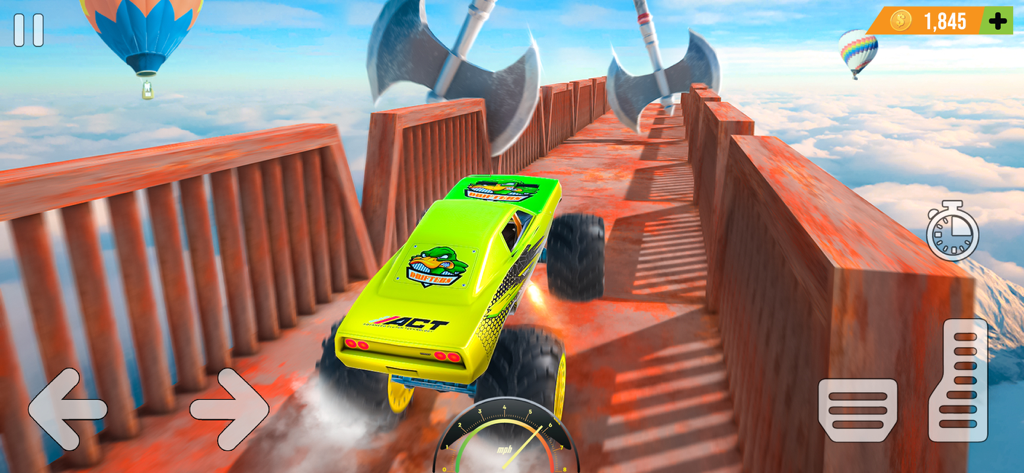 Green monster truck performing stunts on a high altitude track with obstacles.