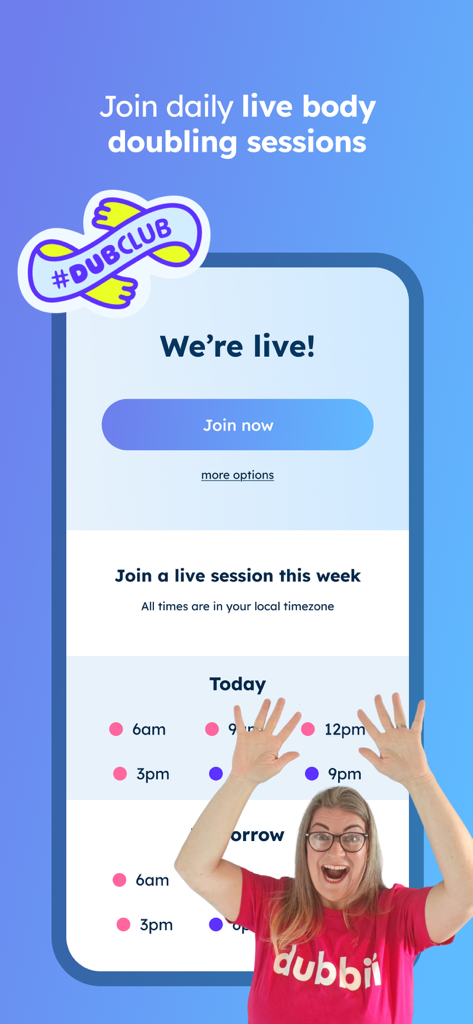 Captura de pantalla de la app dubbii mostrando el horario de sesiones de 'body doubling' en vivo y el botón 'unirse ahora' con un anfitrión sonriente