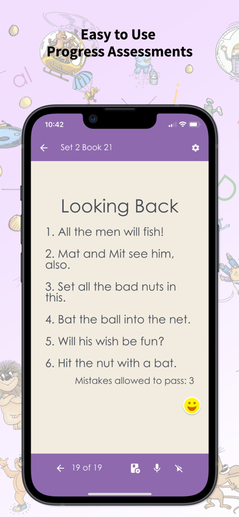 Reading For All Learners 1-8 - Pantalla de evaluación de lectura digital con oraciones de fonética para niños