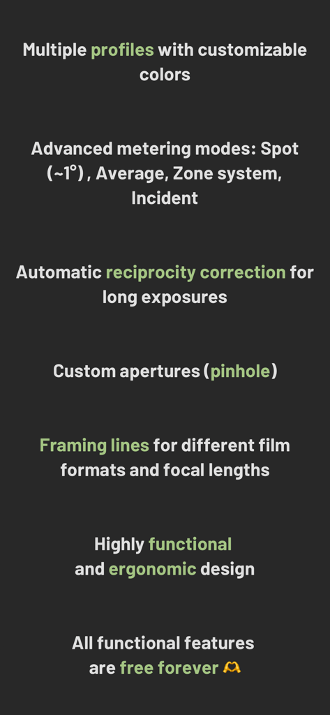 Lightme - Lightmeter - List of professional features for the Lightme Lightmeter app including advanced metering and reciprocity correction