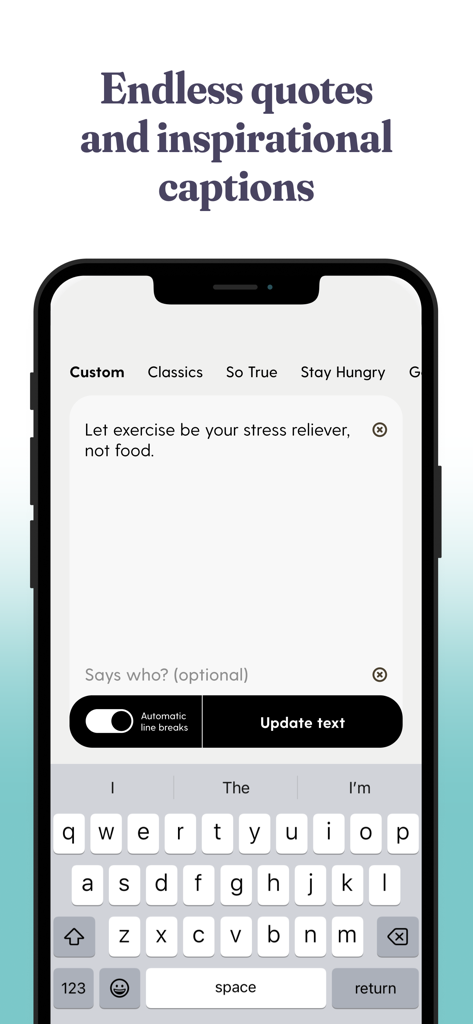 Interface de l'application Word Swag pour créer et éditer des citations et des légendes inspirantes