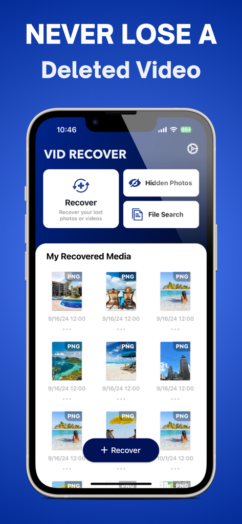 VidRecover mobile app dashboard showing features for recovering lost videos and a gallery of restored photos
